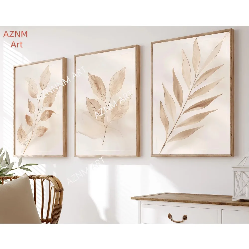 1/3pcs Beige Botanical Neutral Poster Modern Leaf  Office Boho Prints Canvas Painting Wall Art Picture Home Living Room Decor