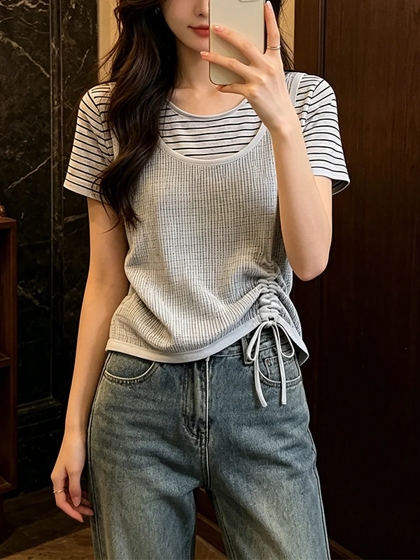 Large Size Casual Style Grey Striped Short Sleeve T-Shirt Women's Summer Hollow out Design Irregular Drawstring Top