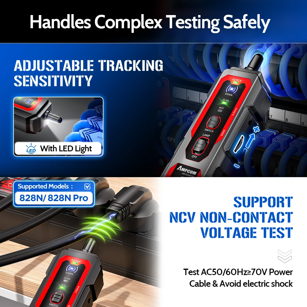 Testador de cabo de rede AMPCOM, carregamento tipo C, 100 V à prova de queimadura, detecção PoE, NCV, kits de rastreador de cabo LAN, flash de porta, verificação de crimpagem