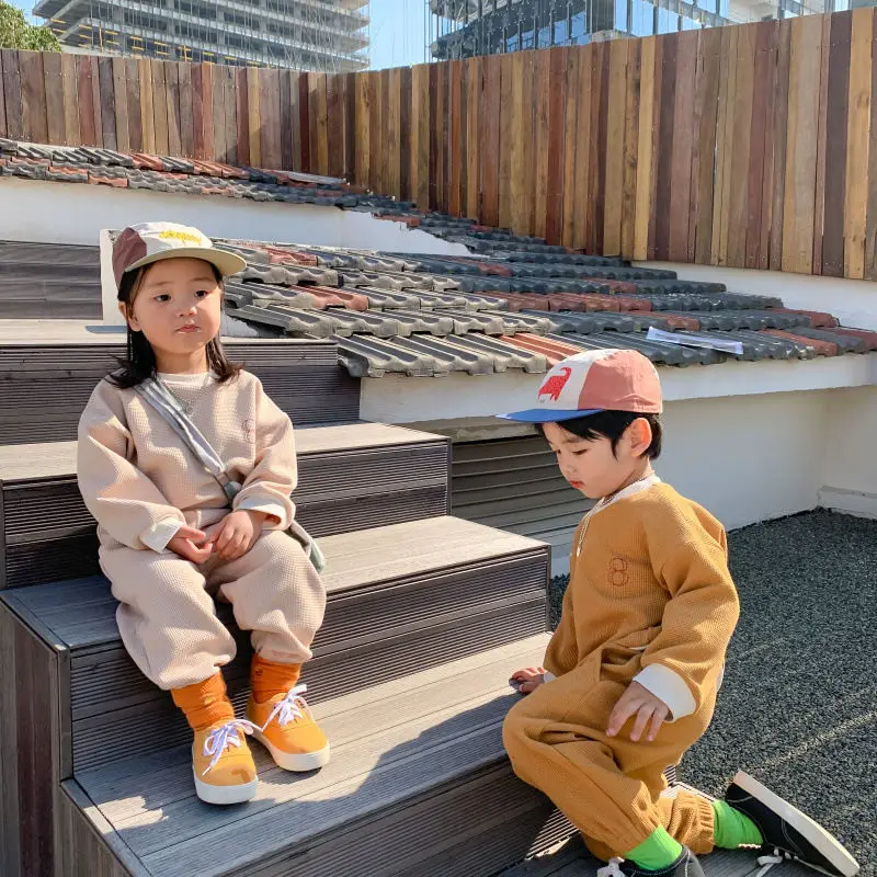 5028 Autumn Baby Clothes Set Kids Clothes Girls Boys 2 Pcs Suit Waffle Kids Sports Sweatshirt Solid Color Casual Two Piece Set 5