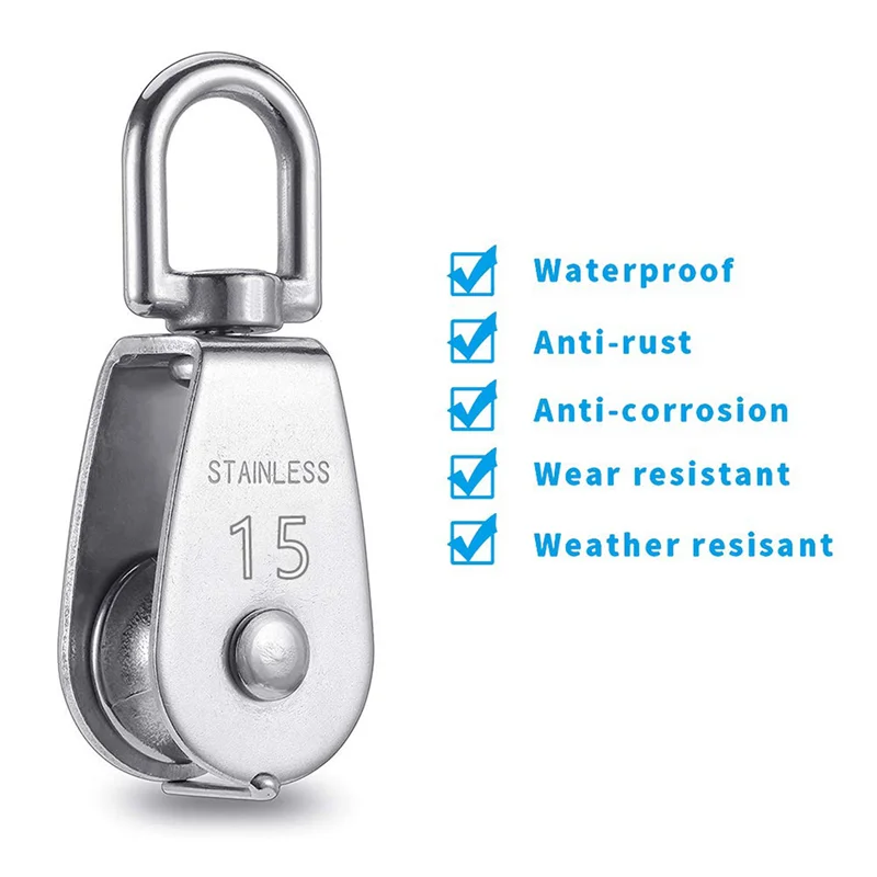 

BHTS-12PCS Single Pulley Block M15 Stainless Steel Small Pulley Roller For Rope Cord In Outdoor 360°Swivel Silver Pulley