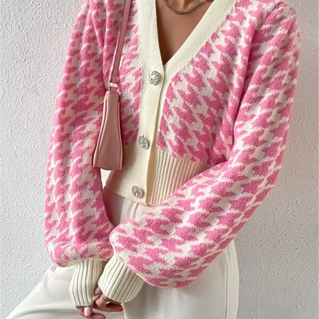 

Houndstooth Pattern Knitted Cardigan Sweater with Lantern Sleeves Short Coat for Women Autumn Winter Fashion Casual Style