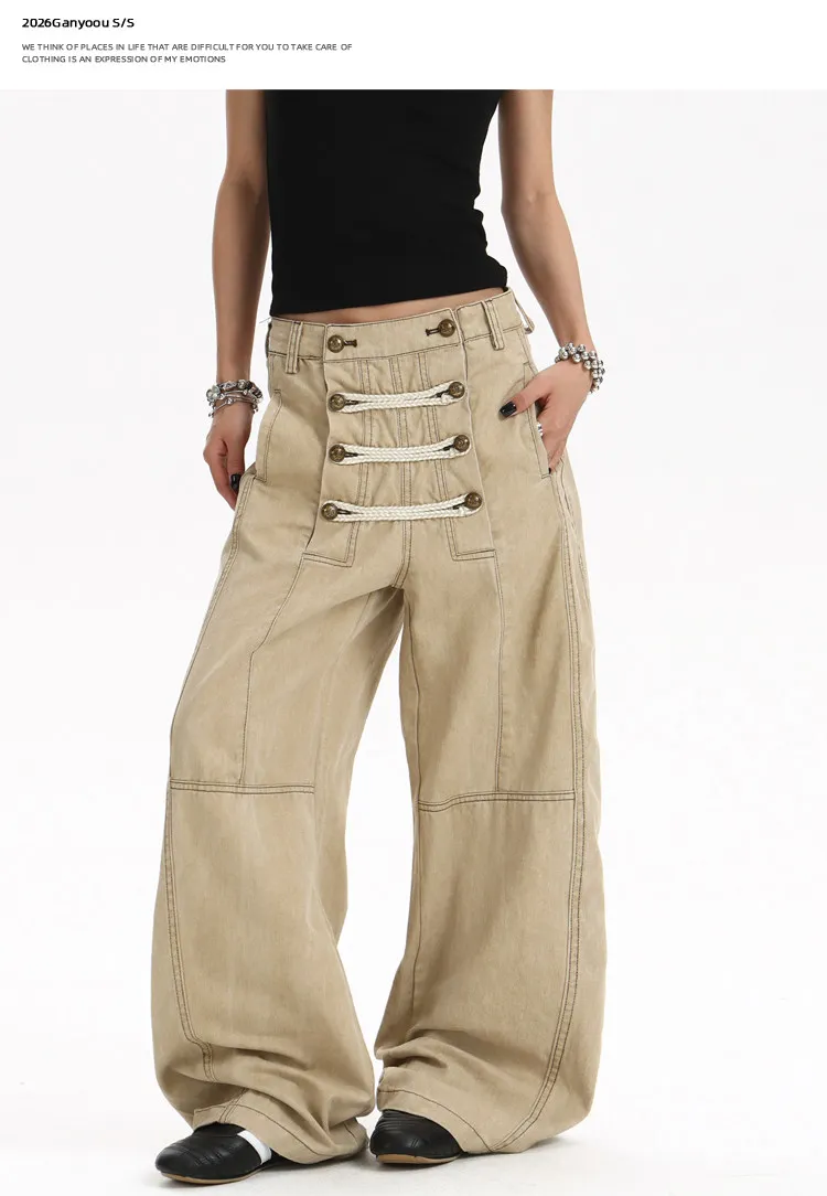 Original Design Multi-Row Rope Buckle Work Trousers Men's Women's Autumn Washed Distressed Wide Leg Long Pants Casual Loose Fit