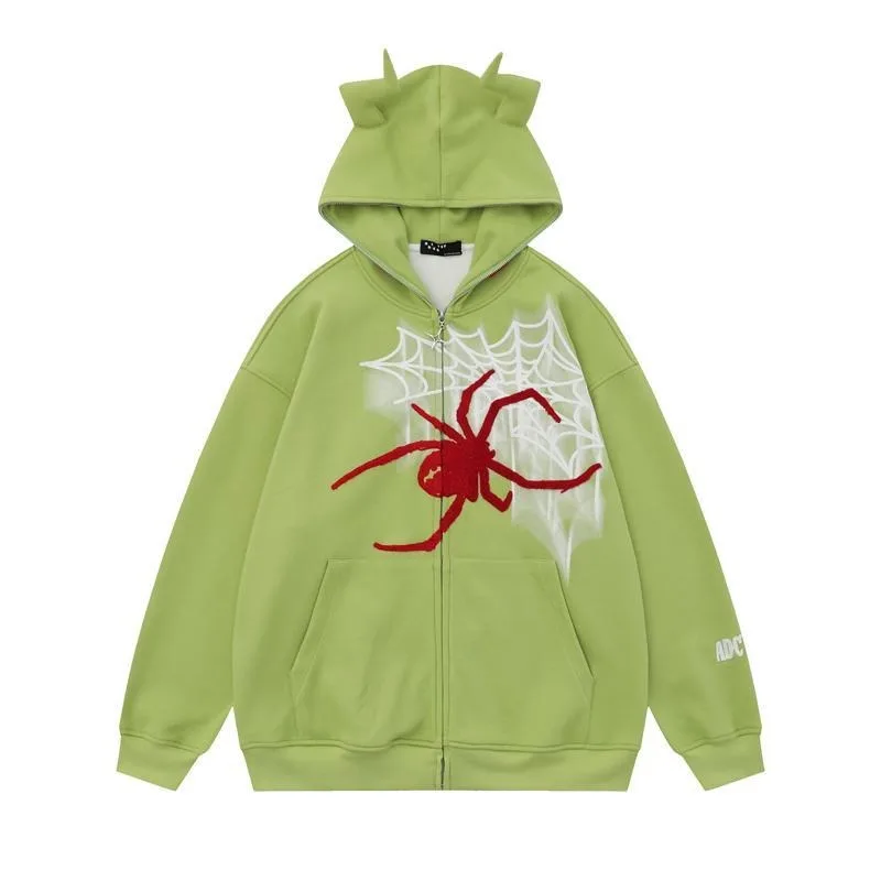 Dark Monster Horns Spiders Webs Graphic Sweatshirt Loose Overiszed Zip Up Hoodie Gothic Y2K Kawaii Clothes Harajuku Winter Coats