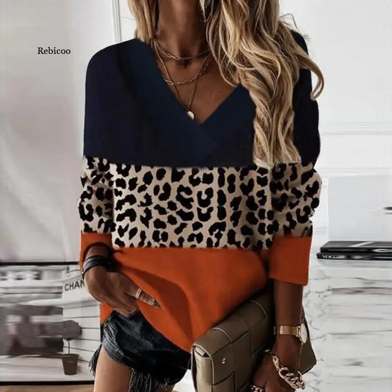 Casual Women Pullover Vintage 3 Color Patchwork Leopard Sweatshirts Office Lady Sexy V Neck Long Sleeve Sweatshirt Fashion Tops