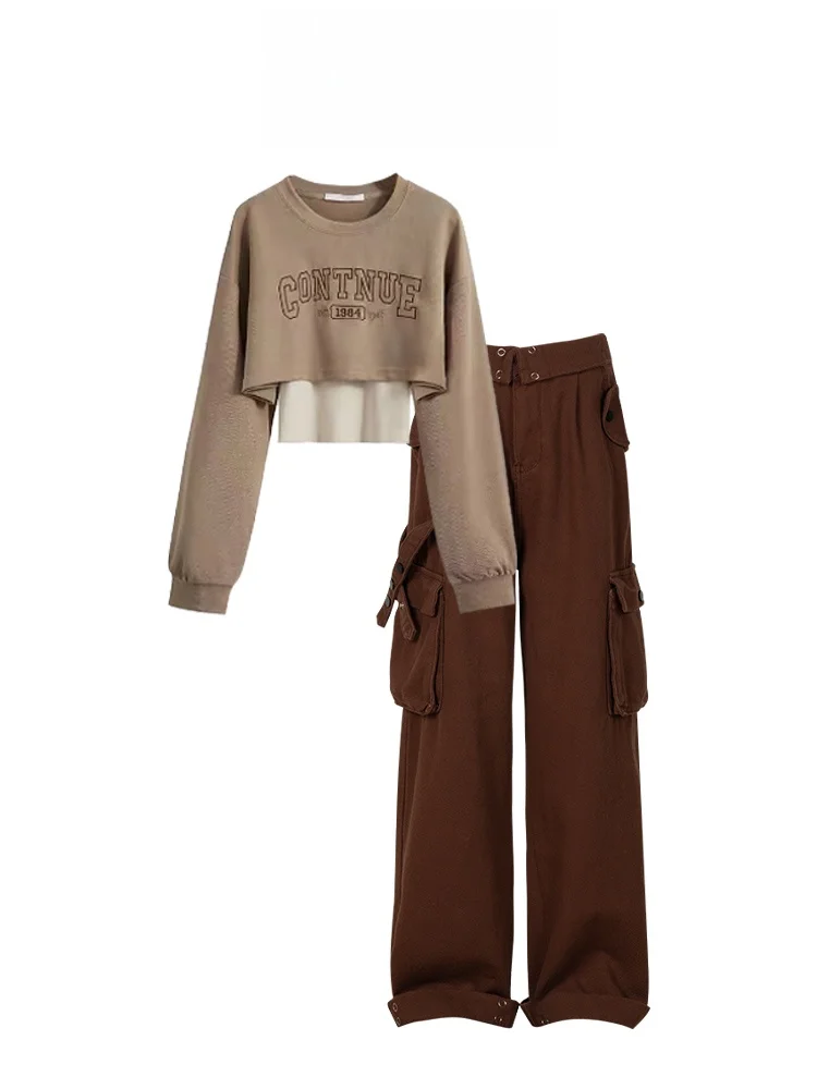 

Американский ретро-комплект: свитшот цвета хаки с длинными рукавами и модные брюки с высокой талией и широкими штанинами в стиле американской рабочей одежды для женщин