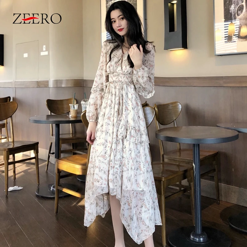 

Autumn Women Print Long Sleeve V Neck Sexy Long Dress Elegant Female Vintage Asymmetrical Ruffles Party Dresses Vestidos