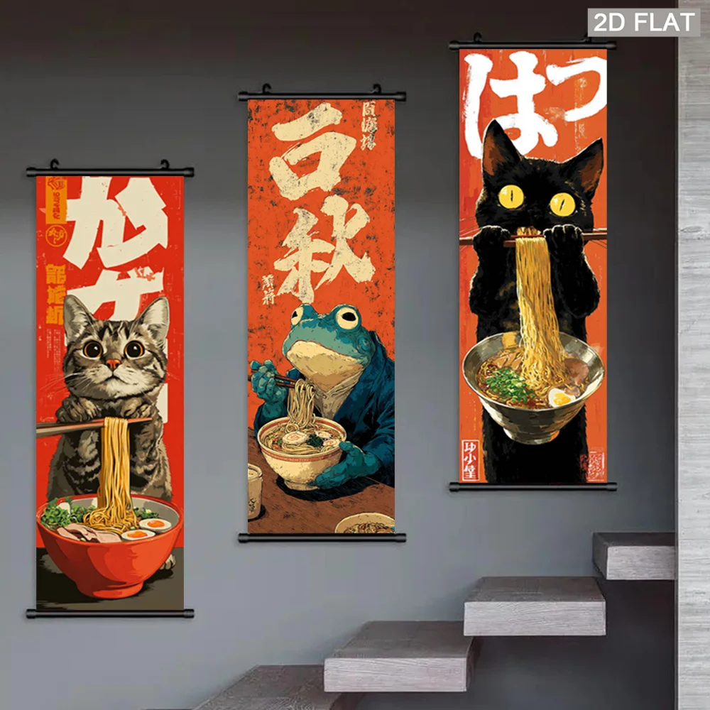 VIKAMA Japanese Retro Ramen Noodles Cute Scroll Tapestry, High Definition Fade Resistant Wall Art for Room Decor
