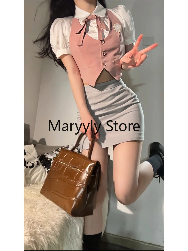 2023 Summer Elegant French Y2k Short Party Suits Women Casual Vest + White Blouse + Pure Color Skirts Korean Fashion Outfits