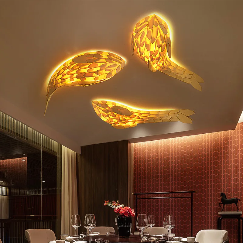 Fish Shaped Wooden Chandelier New Chinese Restaurant Living Roomretro Hotel Homestay Decoration Japanese Carp Hanging Lights