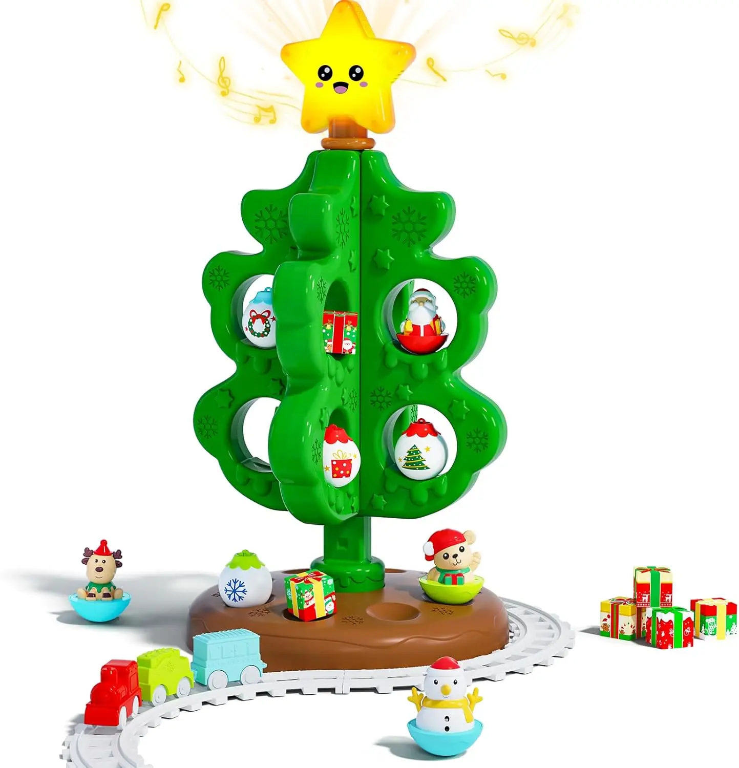 

My First Christmas Tree for Toddlers, Musical Light Up Montessori Decor Toy with Ornaments, Mini Train Set, Roly Poly Toys, Fing