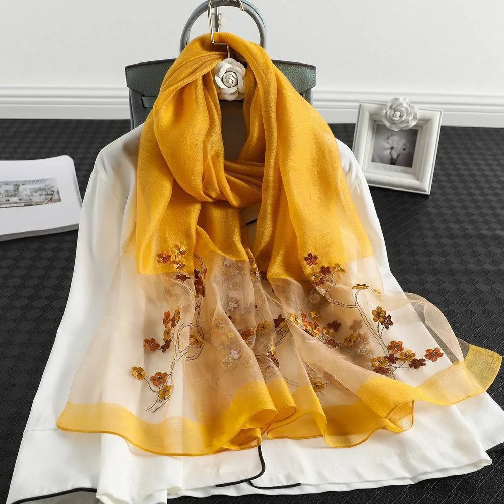 

2024 New Silk Wool Scarf Women Embroidery Spring And Summer Solid Color Long Scarves Pashmina Female Shawl Hair Hijab Bandana