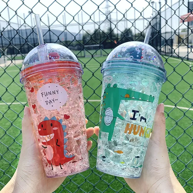 350ml Kid Plastic Cup with Straw Dinosaur Doll Double Layer Refrigeration Water Bottle Gift Summer Drinkware Coffee Mug