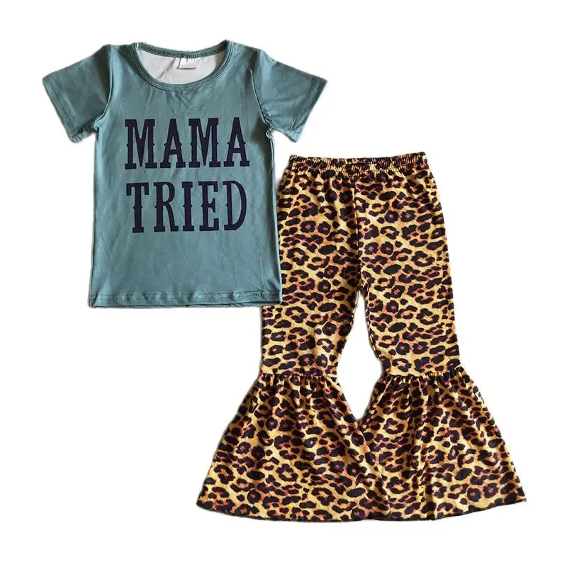 Wholesale Mama Tried Baby Girl Clothes Short Sleeve Shirt Leopard Bell Bottom Pants Outfits Toddler Children Mother's Day Set