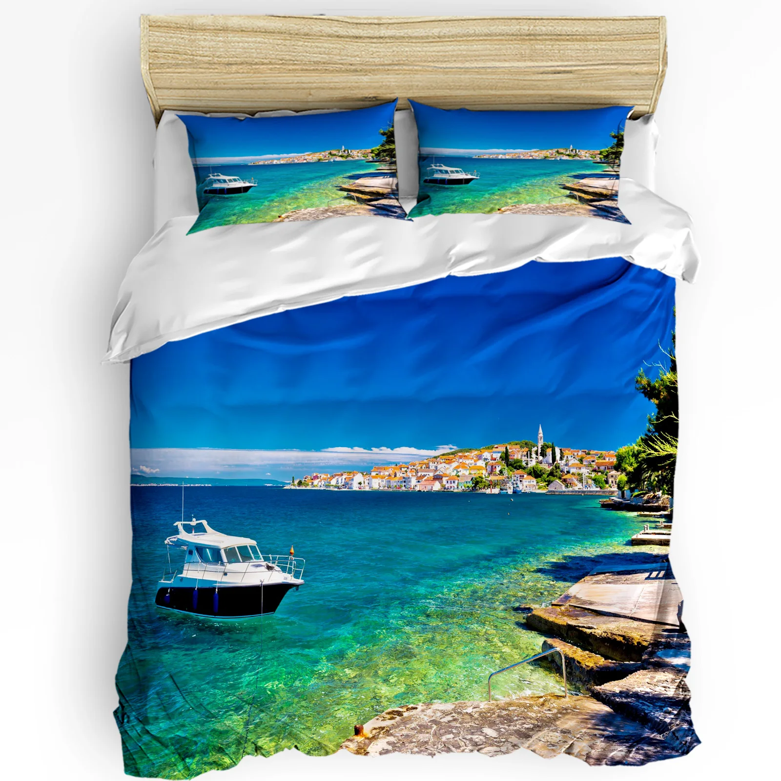 

Beach Boat Houses Printed Comfort Duvet Cover Pillow Case Home Textile Quilt Cover Boy Kid Teen Girl Luxury 3pcs Bedding Set