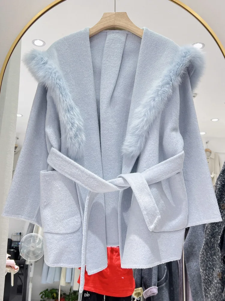 ZMEENNA Womens Hooded Wool Blend Short Coat Faux Fur Trim Shawl Collar Tie Belt Warm Winter Outerwear Oversized ZM4402