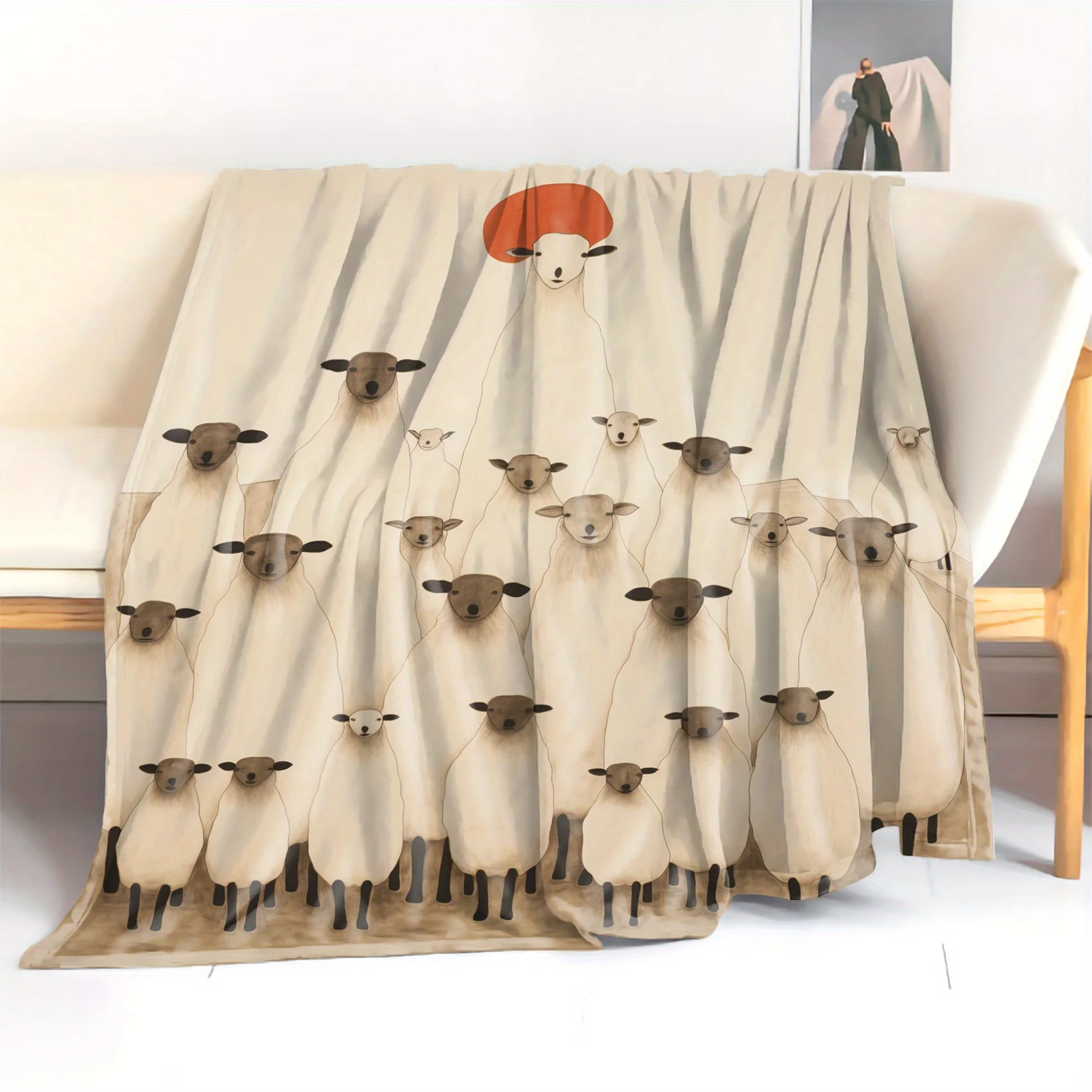 Cute Painted Lamb Blanket Artistic Animal Pattern Soft Cozy Warm Throw for Bed Sofa Nap Office Travel Gift