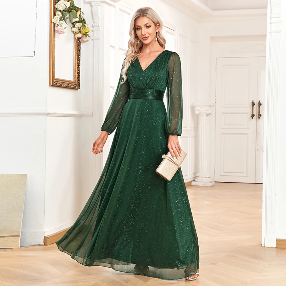 Neue Frauen elegante V-Ausschnitt glänzend hell Chiffon Abendkleid eine Linie durch langärmlige Hochzeits feier Kleid Brautjungfer sehen