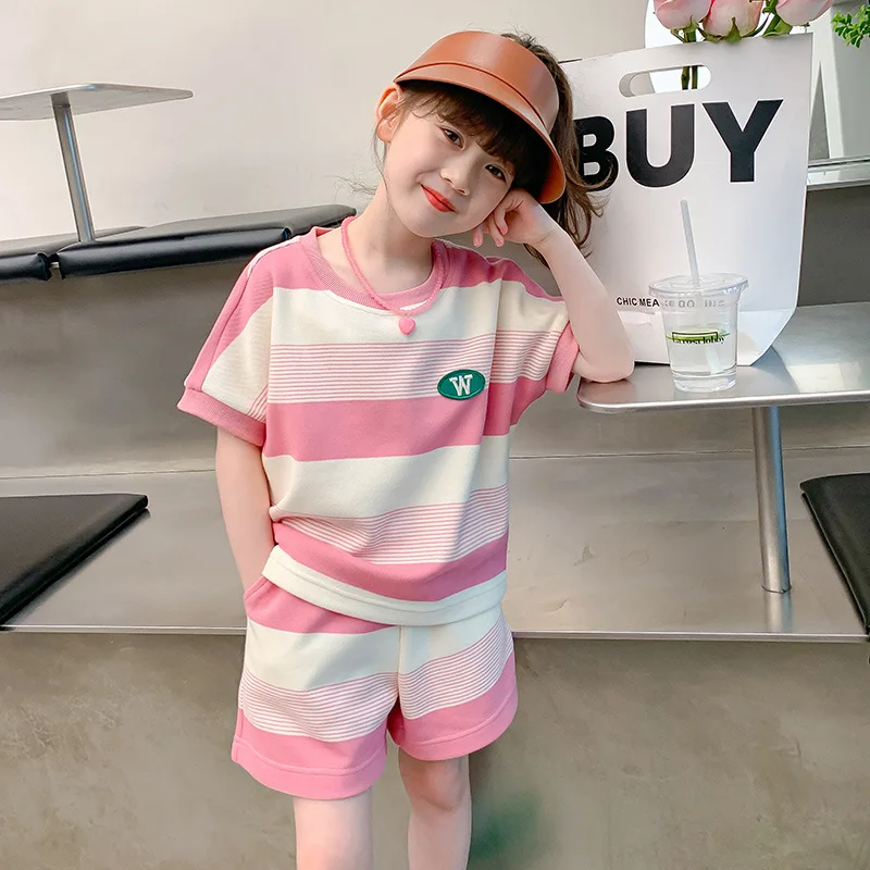 

Girls' Set Summer New Girls' striped top and pants 2-piece set, Korean version stylish sportswear set for girls aged 4 - 14
