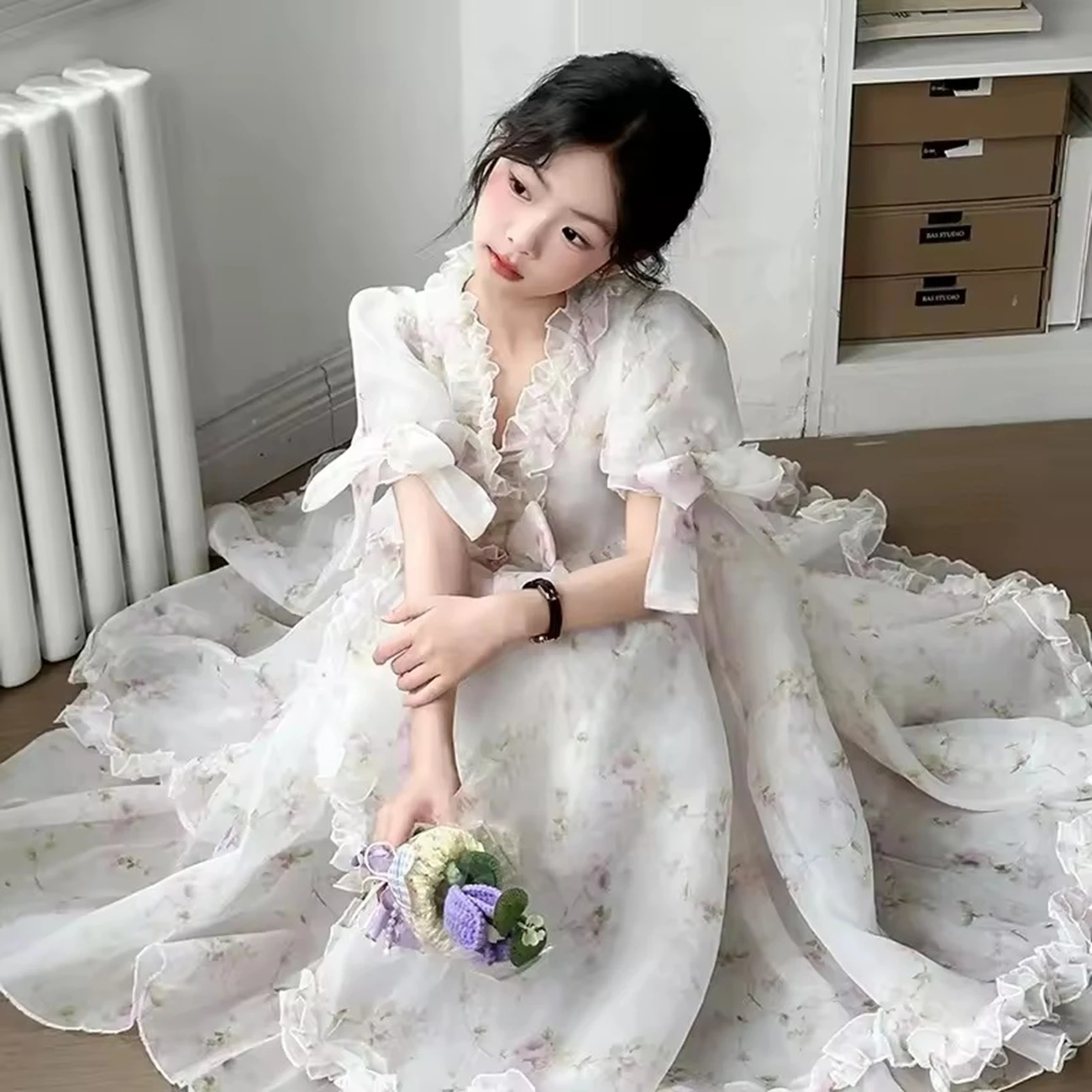 Korean Style Fresh Floral Print Girls Dress Toddler Princess Birthday Party Children Clothing Summer New Little Skirt