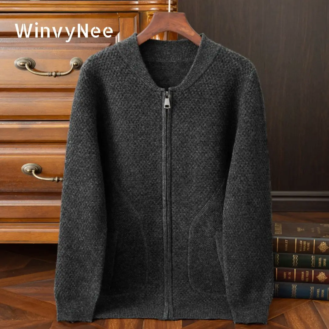 

WinvyNee Man's Clothing Mandarin Collar Dot Pockets Zipper Fitted Business Casual Wool Knitwear Cardigan Autumn Winter N1103038