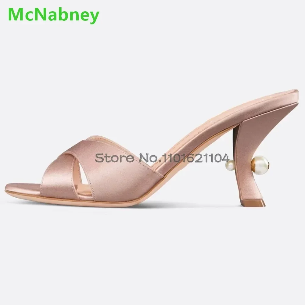 

Round Toe Back Pearl Luxury Slippers For Female Women 2024 Summer New Thin High Heel Solid Outside Elegant All-match Slides