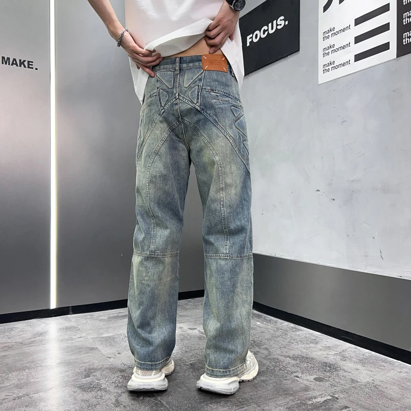 High End Men'S Jeans With Loose Print And Straight Tube Pattern Fashionable Brand Wide Leg Perforated Casual Denim Pants