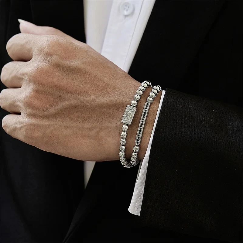 2Pcs/Sets Classic Men Crown Stainless Steel Beads Bracelet Rectangle Linear Inlaid Zircon Punk Charms Bracelet Man Women Jewelry