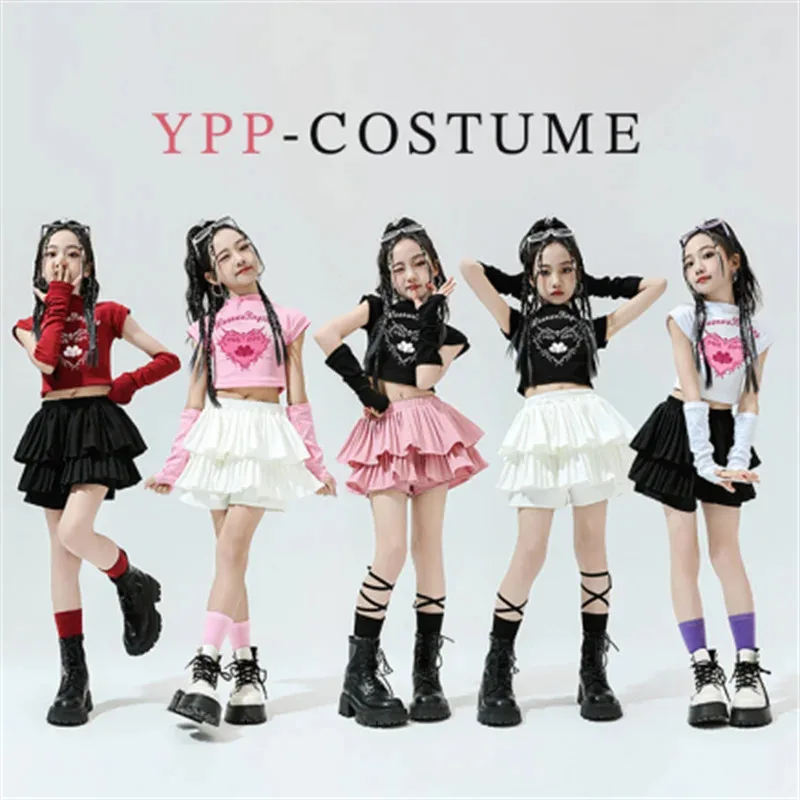 طفل لطيف الهيب هوب الملابس الوردي طباعة المحاصيل تي شيرت الأكمام الأبيض الطبقات مطوي تنورة صغيرة للفتيات ملابس رقص الجاز الملابس