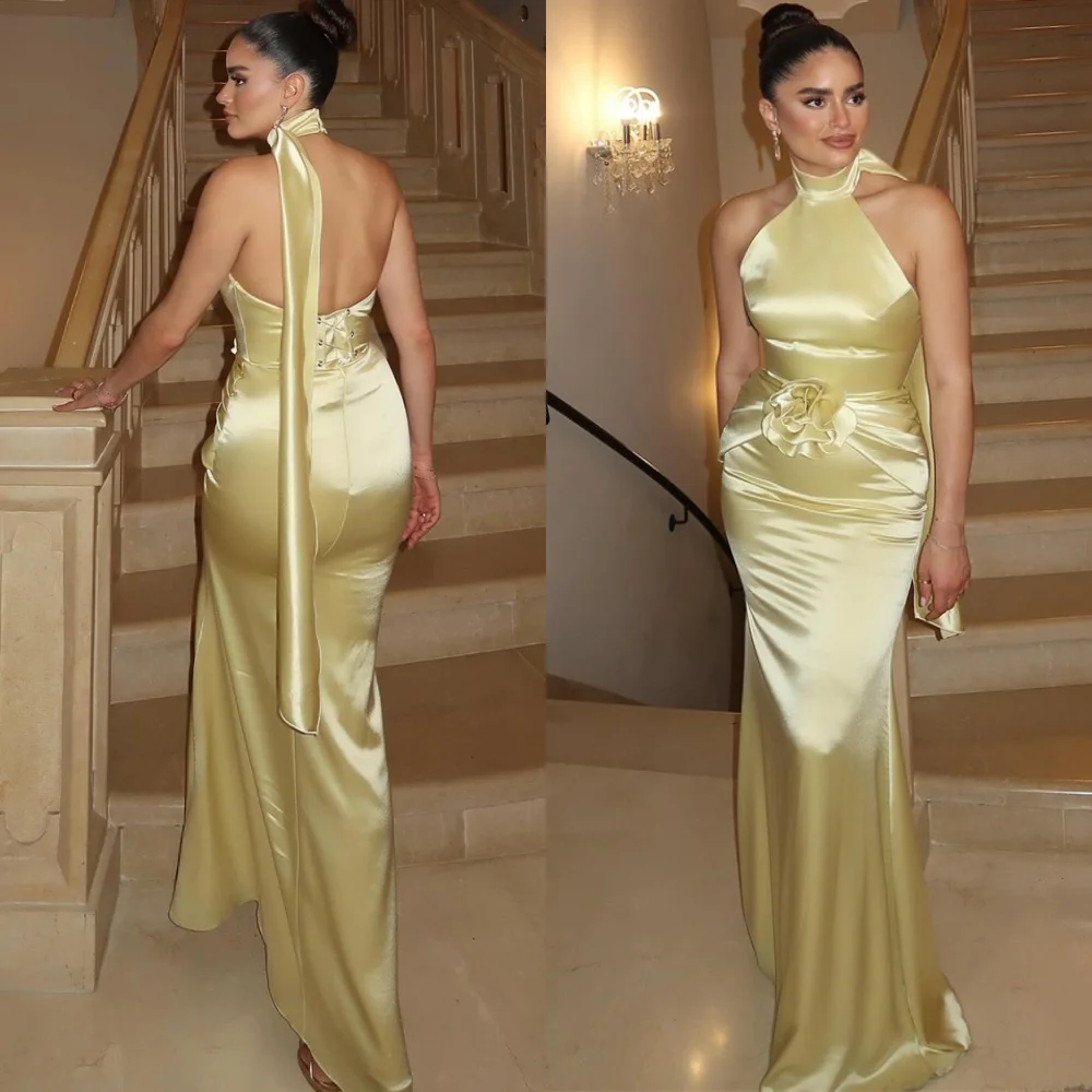 

Customized Romantic Yellow Satin Evening Dress Sexy Halter Sleeveless Homecoming Dresses Exquisite Flowers Vestido De Festa