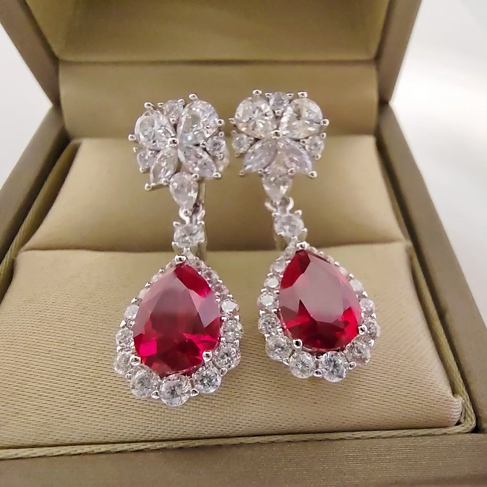 7*10MM Ruby 925 Earrings Woman OL Style Sterling Silver Jewelry Anniversary Birthday Party Gift