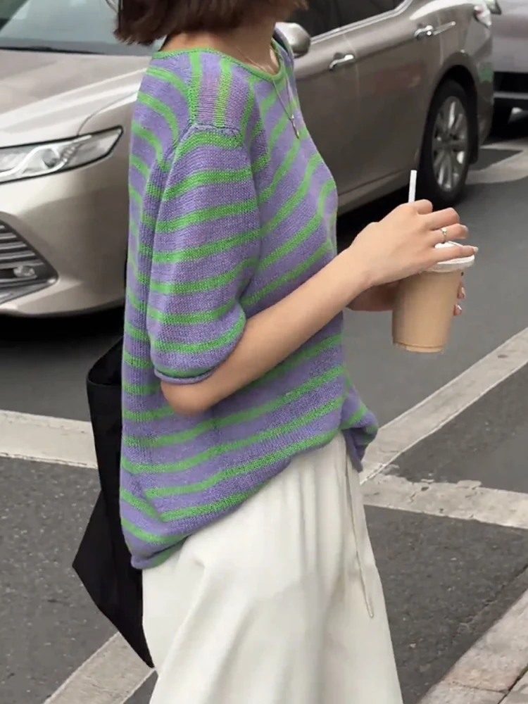 Camiseta holgada de punto transpirable coreana Sle a rayas ort Sve, camiseta moderna de verano, ropa superior de seda para mujer