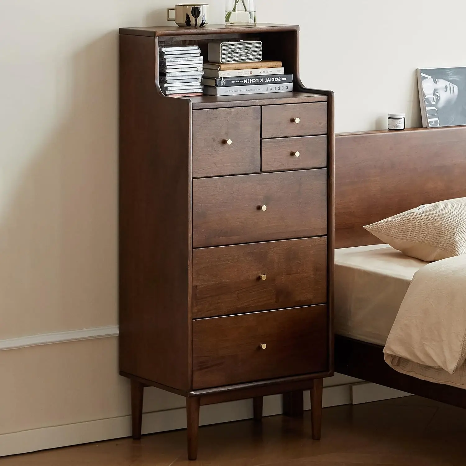 Solid Wood Nightstand 6 Drawer Walnut Side Table Open Shelf Tall Bedroom Living Room Hallway 19
