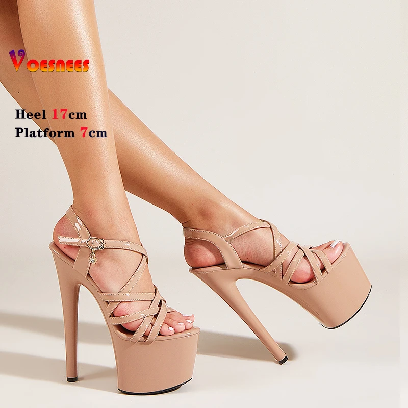 2024 Summer 17CM Thin Heels Women Sandals Pole Dance on T Platform Apricot Color Heels Sexy Fetish Ultra High Heels Party Shoes