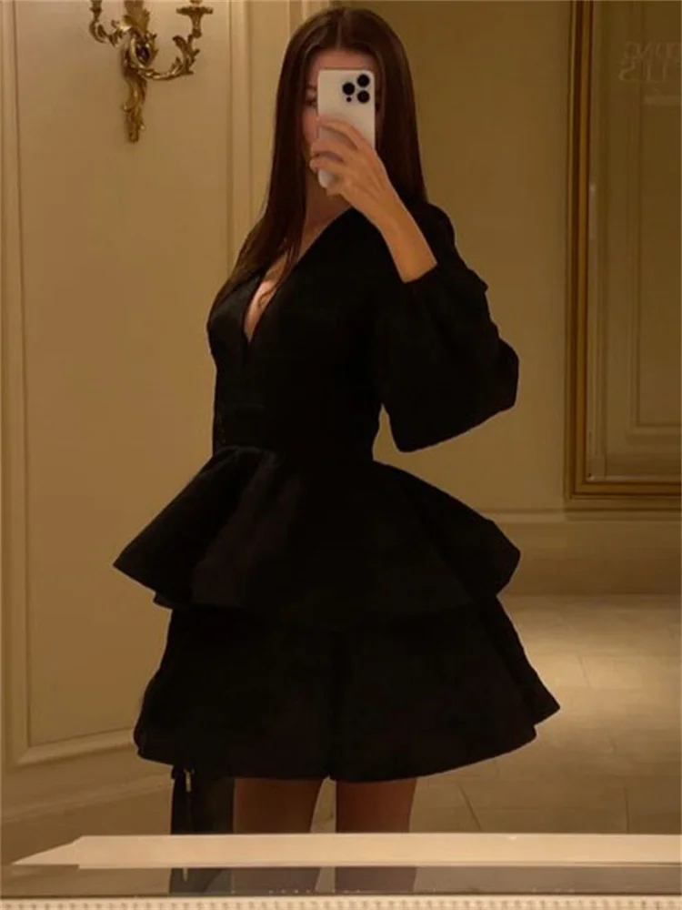 Tossy Summer Black Ruffled Mini Dress Female V-Neck Long Sleeve Solid Commute Elegant Party Dress Evening Women's Bodycon Dress