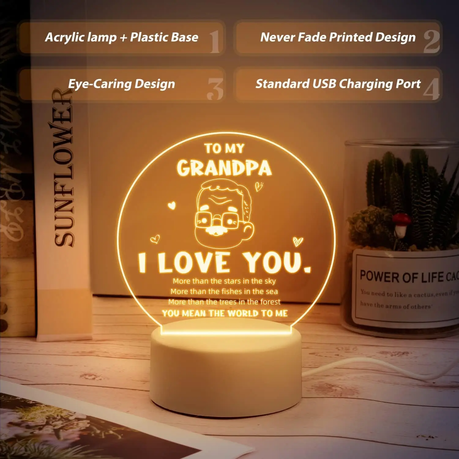 New Round Shape 3D Love Text Night Illusion Lamp For Grandpa Gift Acrylic Light