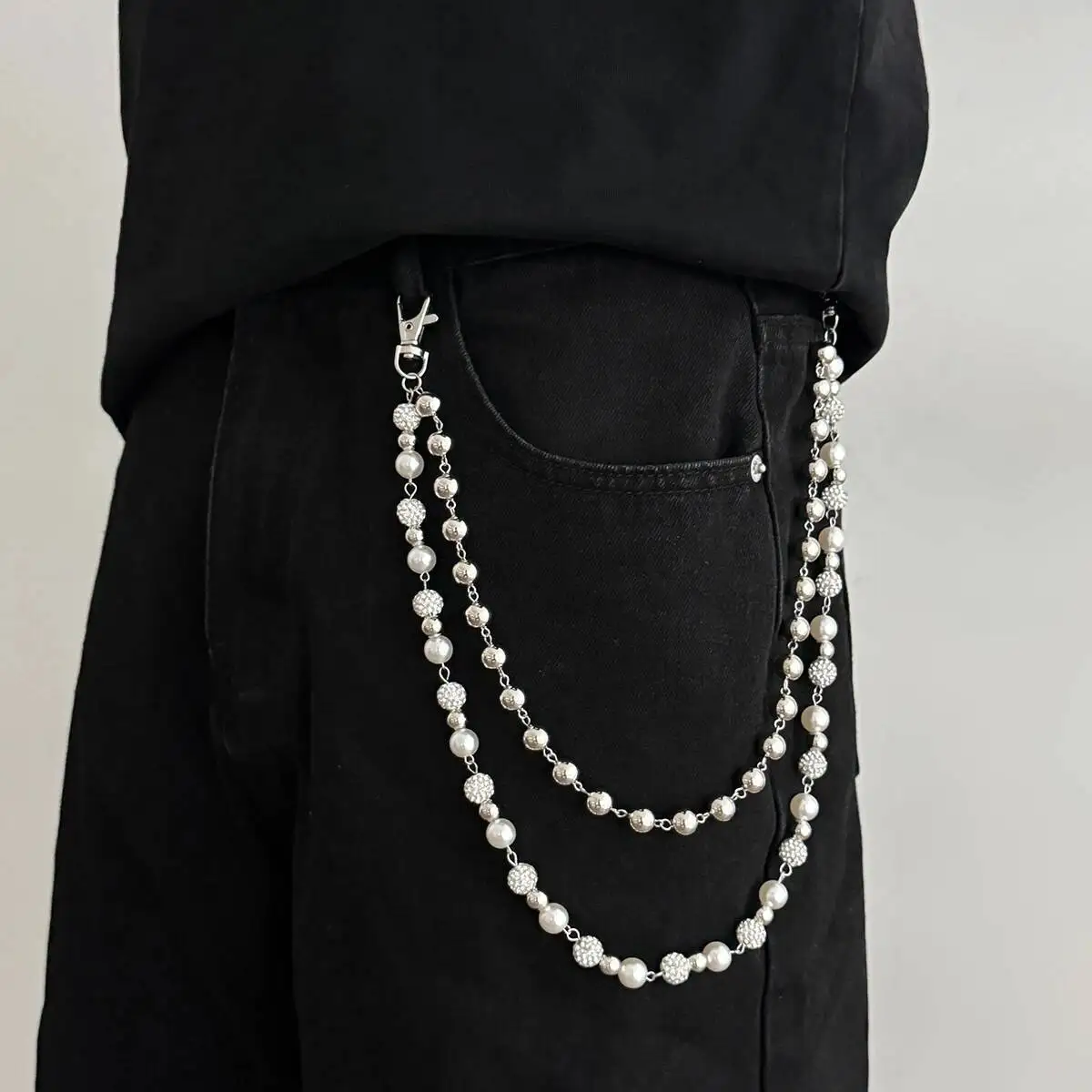 Salircon Punk Rock Hip Hop DoubleLayer Pants Chain Exquisite Rhinestone Keychain Men Women Jeans Waist Jewelry Charm Accessory