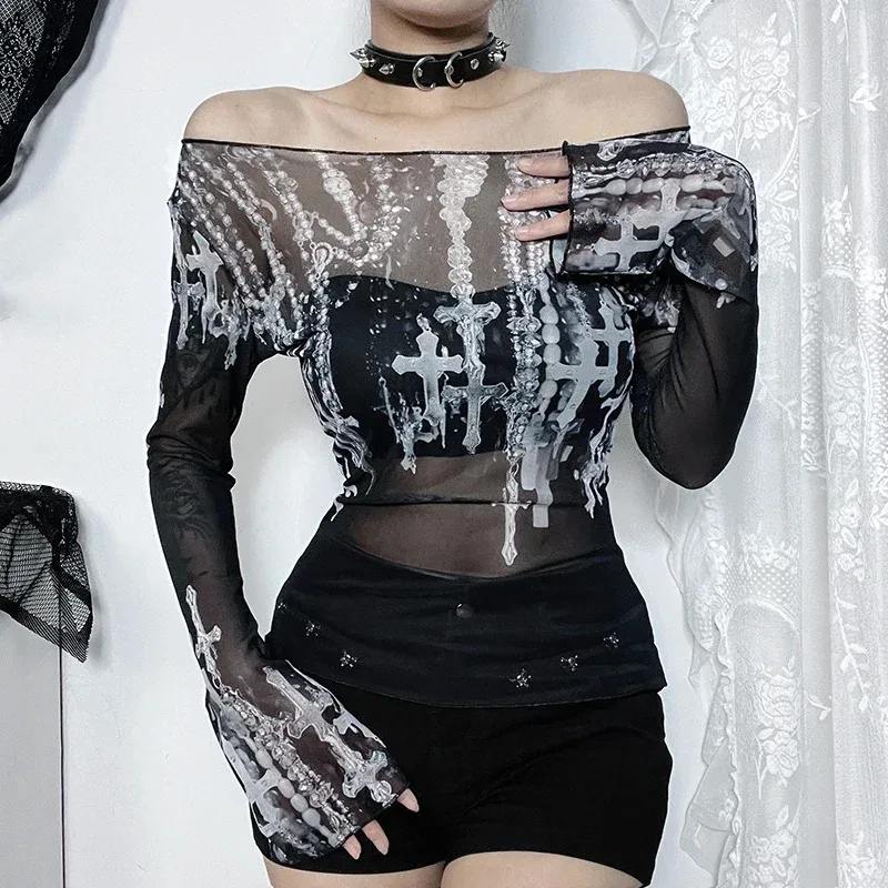 Gothic Sexy Lace Mesh See Through Long Sleeve T-Shirts Y2K Cross Pearl Print Off Shoulder Slim Tops Women Summer Fashion Tees