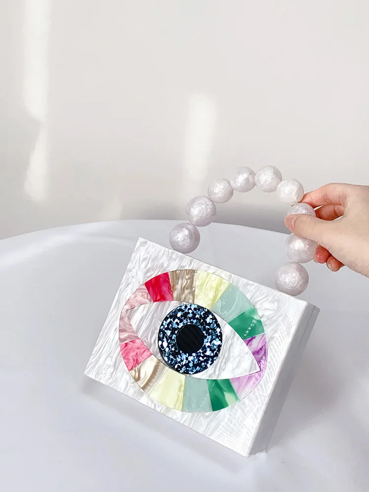 New Pearl Marble White Evil Eye Cartoon Beaded Handle Acrylic Box Clutches Purses And Handbags Wedding Party Gift Lady Flap Bag