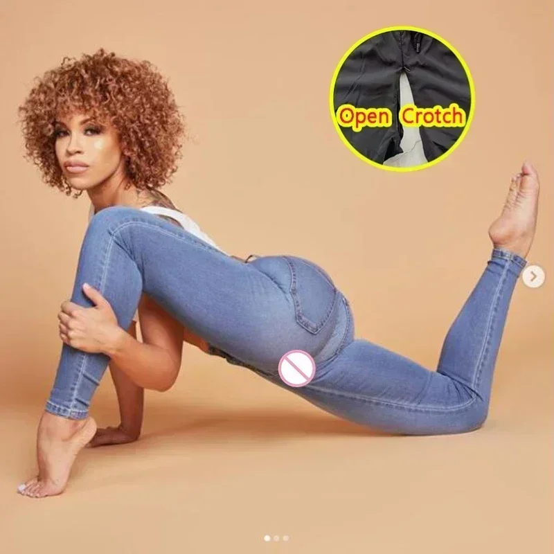 Woman Sexy Open Crotch Jeans Fashion Skin Crotchless Pants Hide Zipper Couple Outdoor Sex Costume Dance Erotic Adult Outfit New