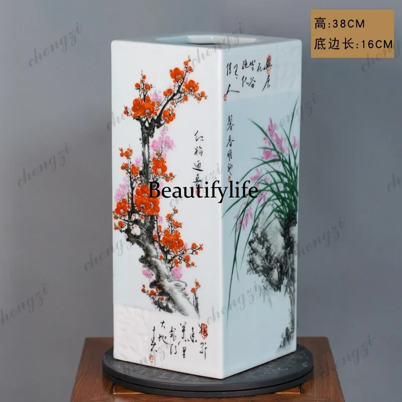 Ceramic square inlay study decoration countertop vase Chinese ornament