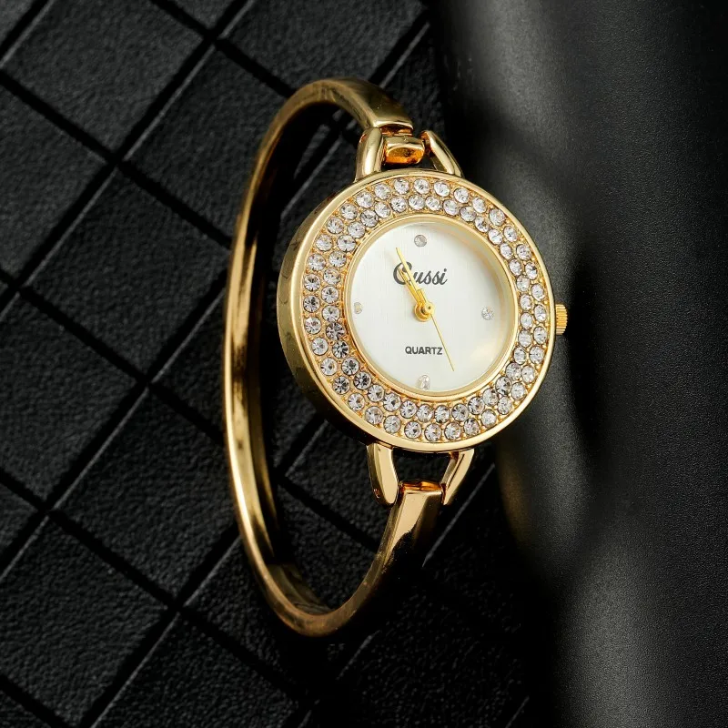 CUSSI Luxury Gold Round Dial Ladies Fashion Rhinestone Quartz Bracelet Watch Elegant Female Clock Women's Watch Saati Relojes