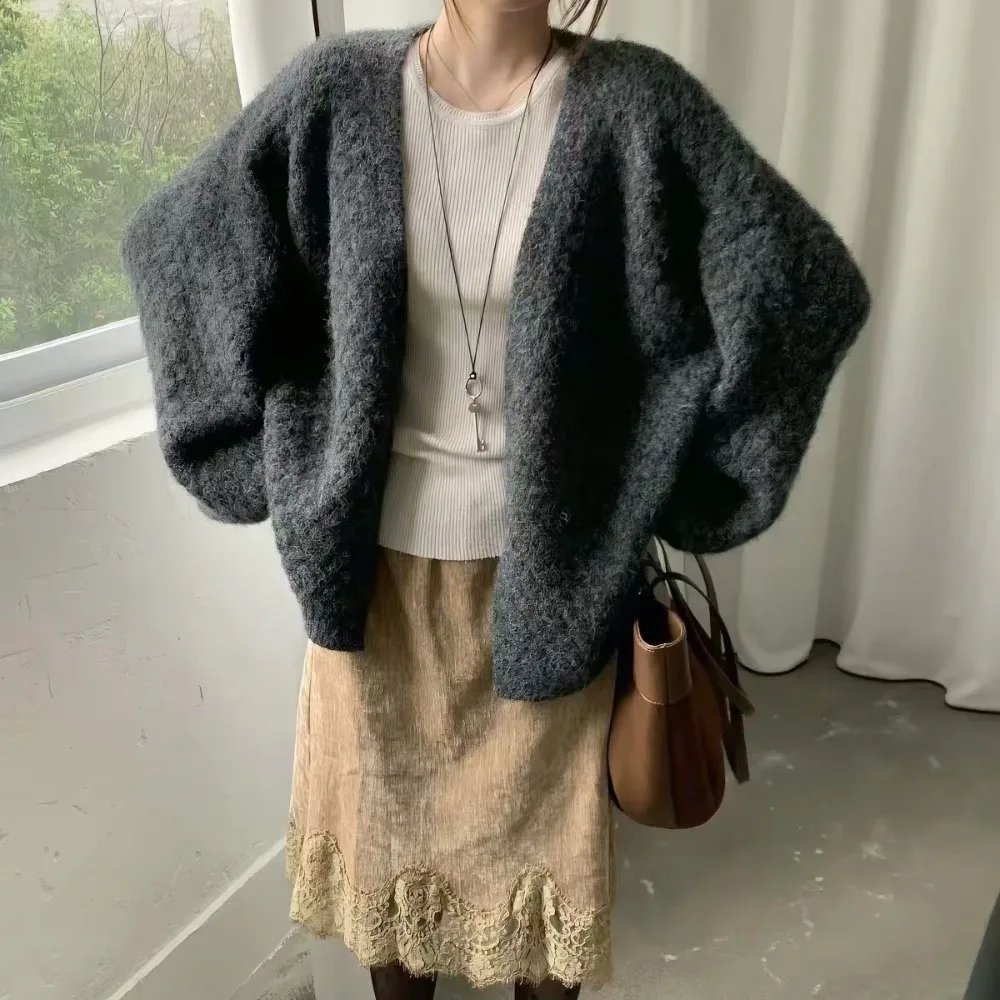 Gentle Wind Pineapple Needle Knitted Cardigan Women's Loose Lazy Wind Lantern Sleeves Sweater Jacket Thick Top Texture Fashion