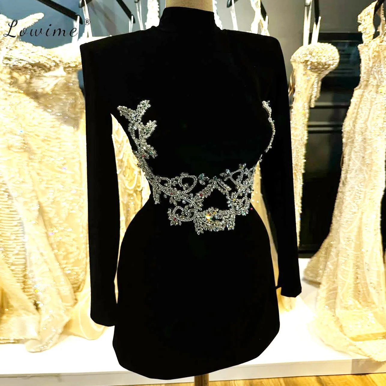 

New Women Black Evening Short Dress Long Sleeve Diamond Celebrity Evening Party Velvet Dress
