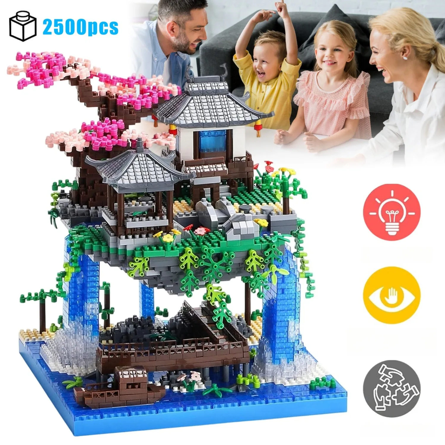 Ensemble de blocs de construction Peach Blossom Pool de 2500 pièces – Modèle détaillé avec cascade, pavillon et bateau |   Jouet d'assemblage créatif pour adultes et adolescents |   Cadeau idéal pour les amateurs et les passionnés d'architecture |   Pièce décorative pour la maison ou le bureau