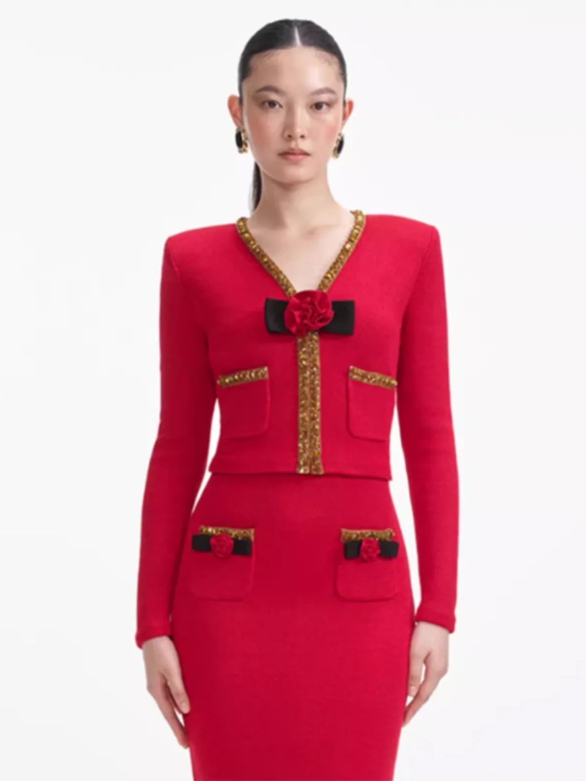 

SP Home Early Spring New Women's Bright Red Gold Trim Rose Knitted Open Cardigan Outerwear Top Sweet Sle Regular Fit Long S...