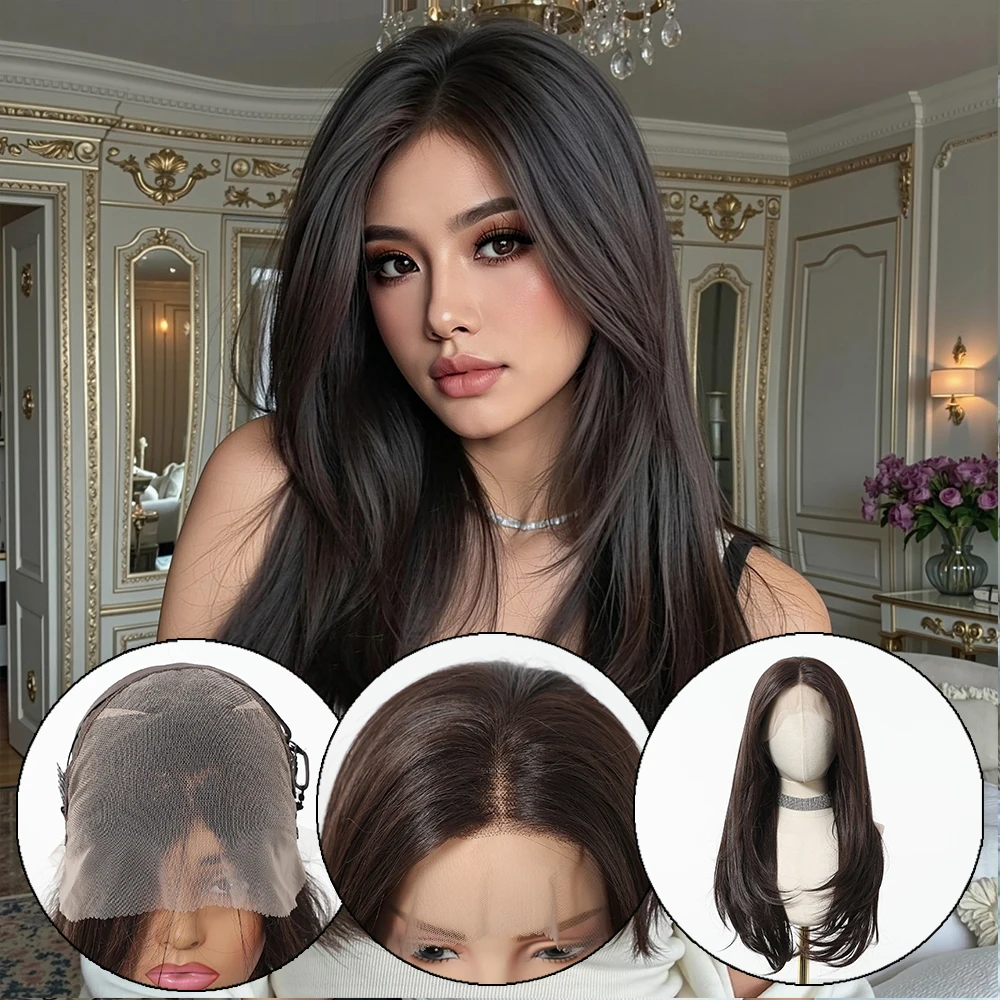 DWY Dark Brown Synthetic Wigs For Women 26 inches Long Straight Lace Wigs Brown 13*6 Lace Front Wigs Natural Hairline Daily Use