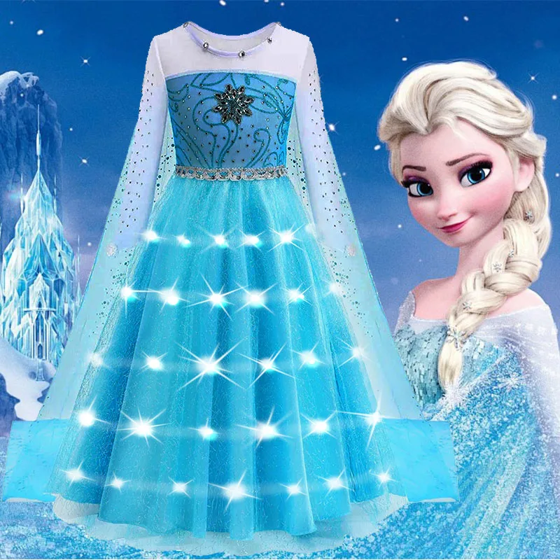 Disfraces de Frozen de Disney para niña con luz Led, vestido de princesa Elsa, vestidos largos, ropa de Carnaval de Halloween de 4, 6, 8, 10 años