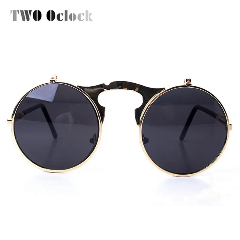 男性と女性のための2つのオクロックヴィンテージスチームパンクゴーグルラウンドサングラス,レトロなダブルフリップパンクサングラス,近視メガネ