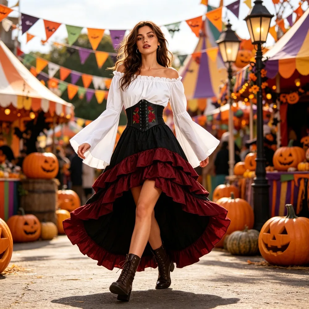 Vintage Piratenkapitän-Kostüm für Erwachsene Frauen Langes Kleid mit Rüschensaum und Taillenkorsett Gotisches Kostüm für Geburtstage
